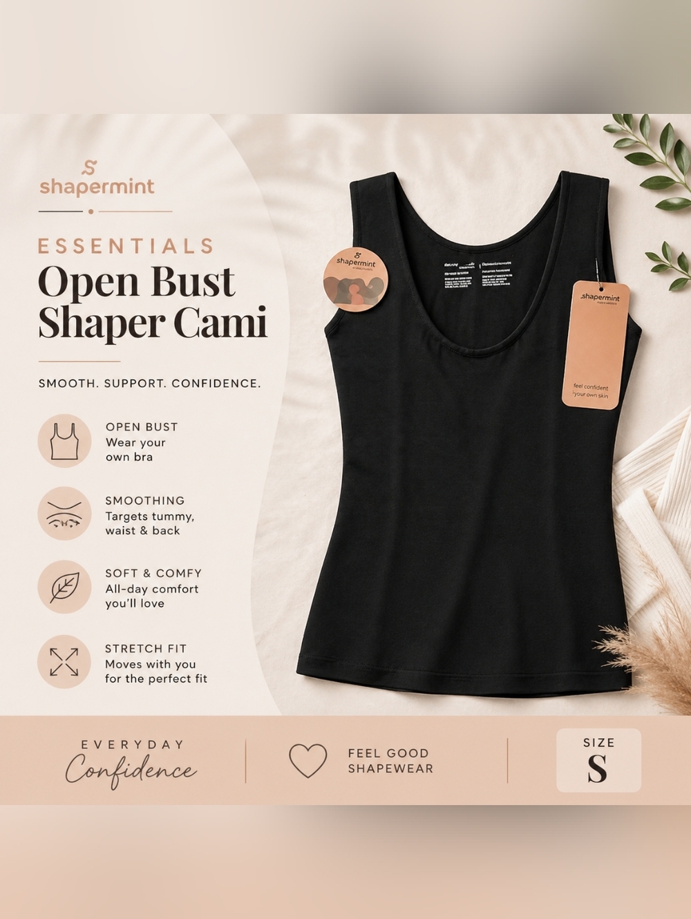 Shapermint Essentials Open Bust Shaper Cami | Black | Size S | NWT